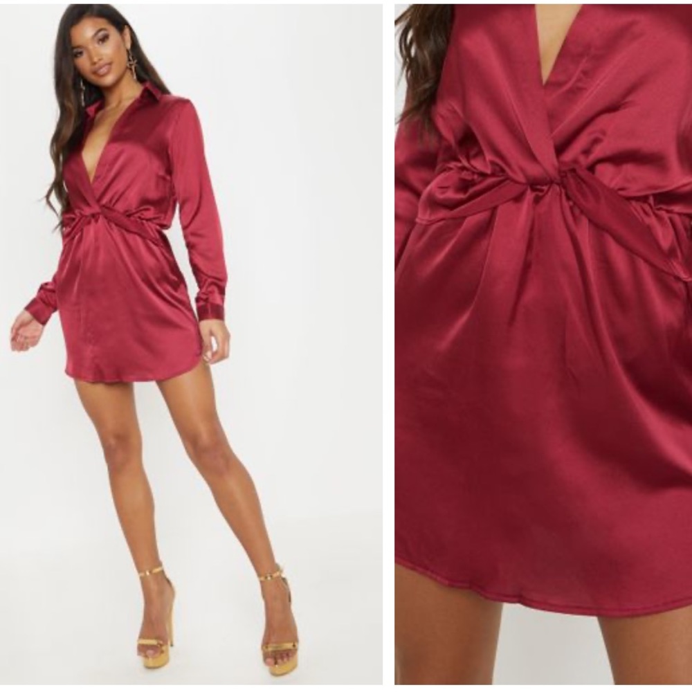 Burgundy front tie silky knot shirt dress
